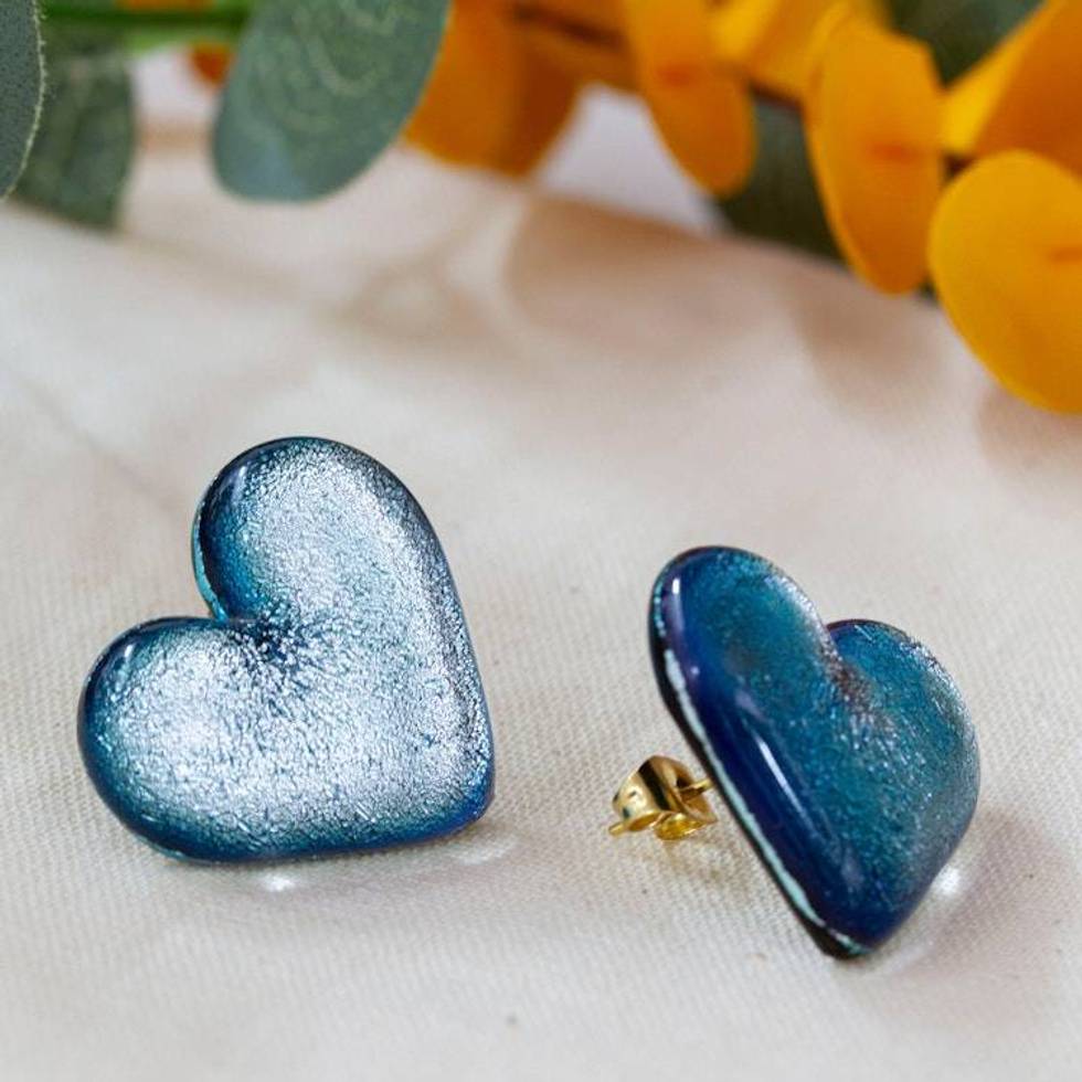 Dichroic Glass Blue Gold-Accented Heart Button Earrings 'Heart of Silver'