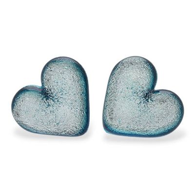 Alternate image for Dichroic Glass Blue Gold-Accented Heart Button Earrings Heart of Silver