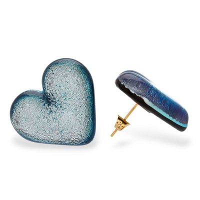 Alternate image for Dichroic Glass Blue Gold-Accented Heart Button Earrings Heart of Silver