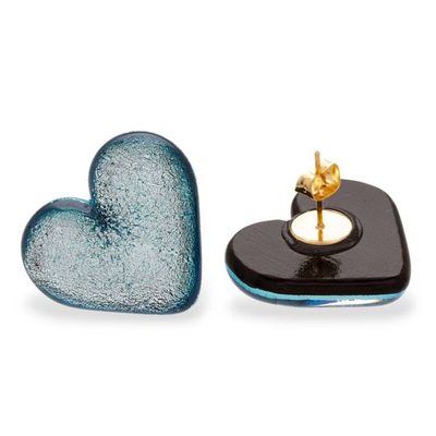 Alternate image for Dichroic Glass Blue Gold-Accented Heart Button Earrings Heart of Silver