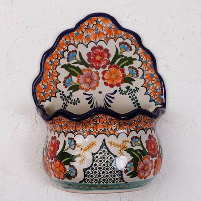 Alternate image for Hand-Painted Talavera-Style Ceramic Wall Planter from Mexico Bouquet Display