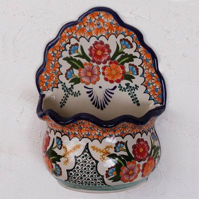 Alternate image for Hand-Painted Talavera-Style Ceramic Wall Planter from Mexico Bouquet Display
