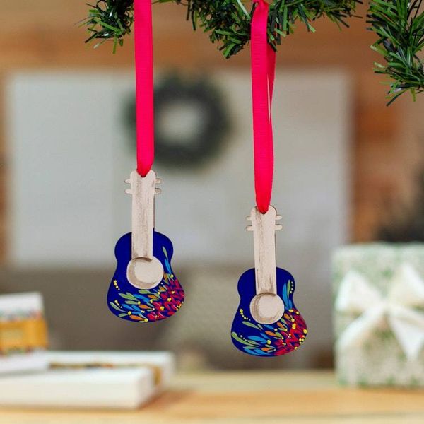 Alternate image for Music-Themed Pair of Hand-Painted Blue Wood Guitar Ornaments Little Tunes