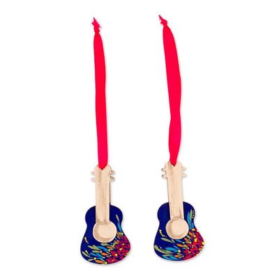 Alternate image for Music-Themed Pair of Hand-Painted Blue Wood Guitar Ornaments Little Tunes