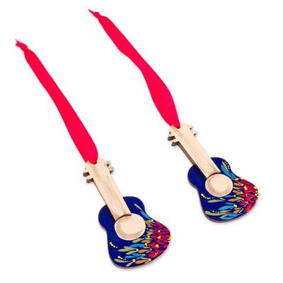 Alternate image for Music-Themed Pair of Hand-Painted Blue Wood Guitar Ornaments Little Tunes