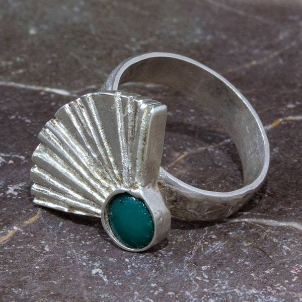Alternate image for Fan-Themed 925 Silver Cocktail Ring with Turquoise Stone Fashionable Fan