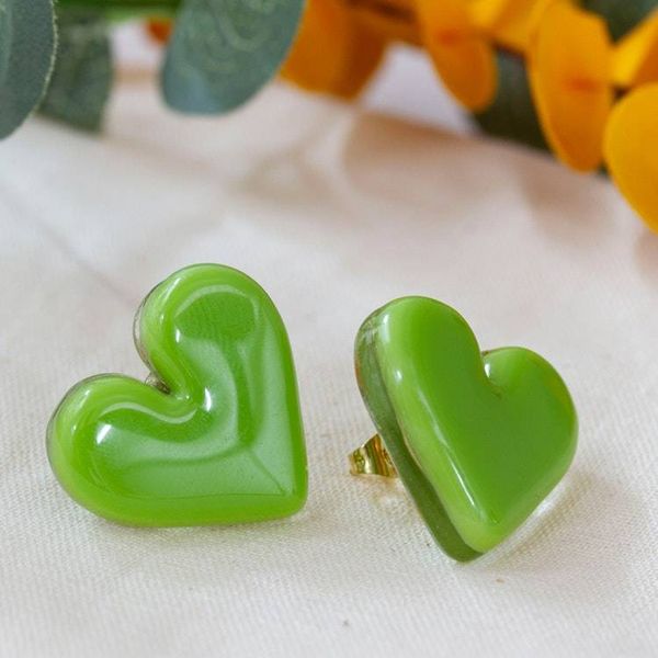 Alternate image for Fused Glass 18k Gold-Accented Green Heart Button Earrings My Spring Green Love