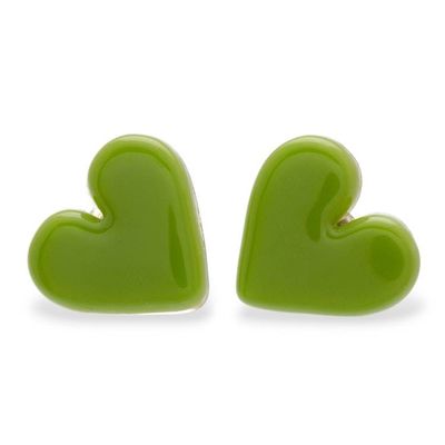 Alternate image for Fused Glass 18k Gold-Accented Green Heart Button Earrings My Spring Green Love