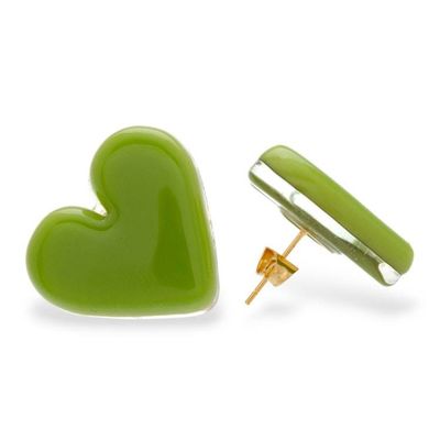 Alternate image for Fused Glass 18k Gold-Accented Green Heart Button Earrings My Spring Green Love