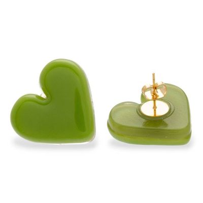 Alternate image for Fused Glass 18k Gold-Accented Green Heart Button Earrings My Spring Green Love