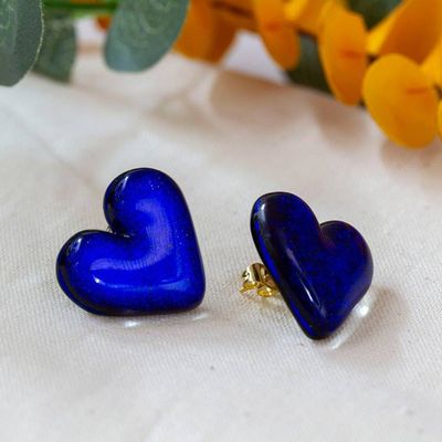 Primary image for Dichroic Glass Blue Heart Button Earrings with Gold Accent Heart of Royal Blue
