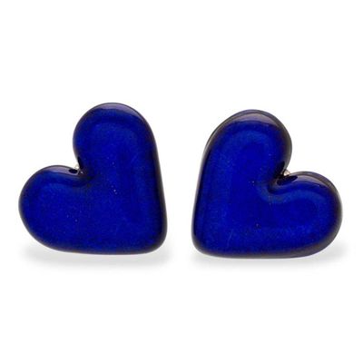 Alternate image for Dichroic Glass Blue Heart Button Earrings with Gold Accent Heart of Royal Blue