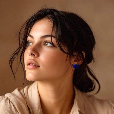 Alternate image for Dichroic Glass Blue Heart Button Earrings with Gold Accent Heart of Royal Blue