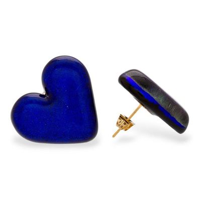 Alternate image for Dichroic Glass Blue Heart Button Earrings with Gold Accent Heart of Royal Blue