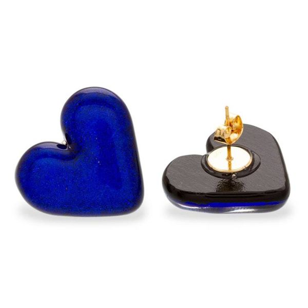 Alternate image for Dichroic Glass Blue Heart Button Earrings with Gold Accent Heart of Royal Blue