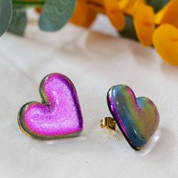 Image for Heart-Shaped Dichroic Glass Gold-Accented Button Earrings Heart of Fuchsia