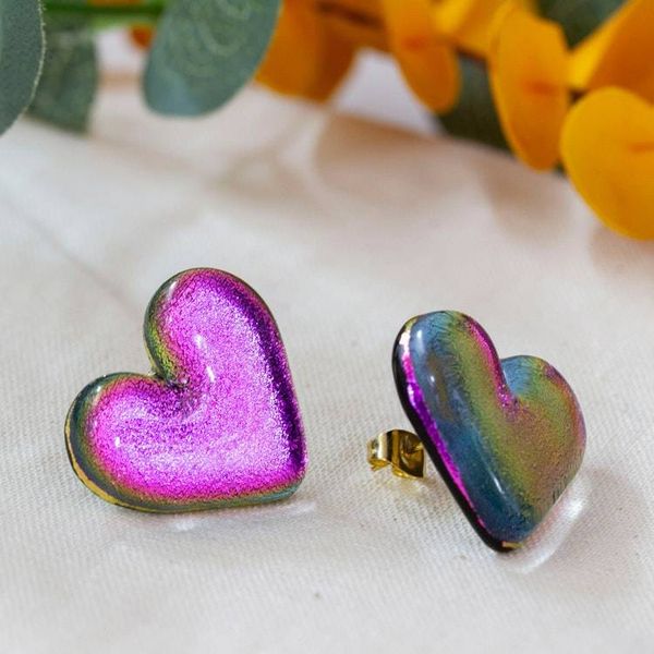 Alternate image for Heart-Shaped Dichroic Glass Gold-Accented Button Earrings Heart of Fuchsia