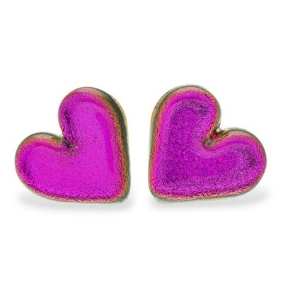 Alternate image for Heart-Shaped Dichroic Glass Gold-Accented Button Earrings Heart of Fuchsia