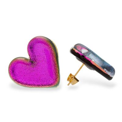 Alternate image for Heart-Shaped Dichroic Glass Gold-Accented Button Earrings Heart of Fuchsia