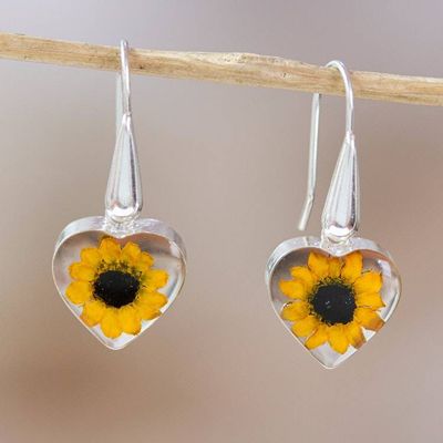 Primary image for Heart-Shaped Natural Sunflower Dangle Earrings from Mexico Sunflower Hearts