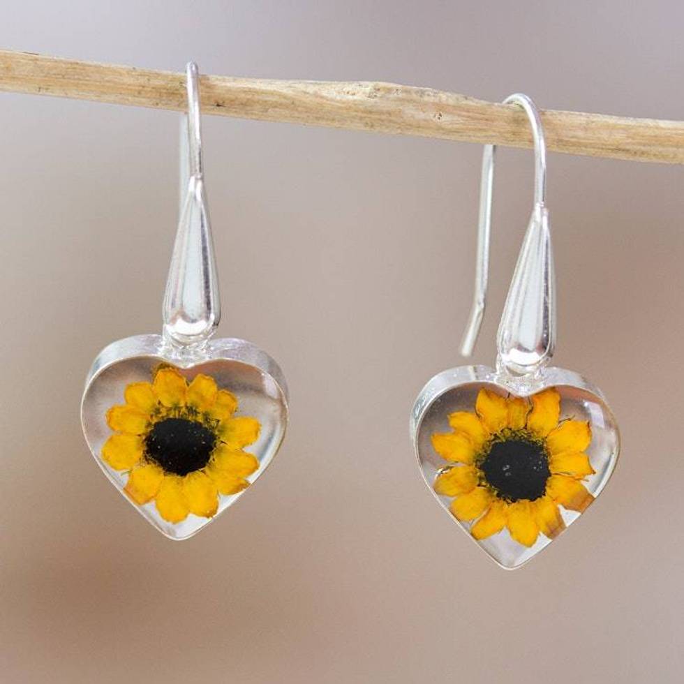 Heart-Shaped Natural Sunflower Dangle Earrings from Mexico 'Sunflower Hearts'