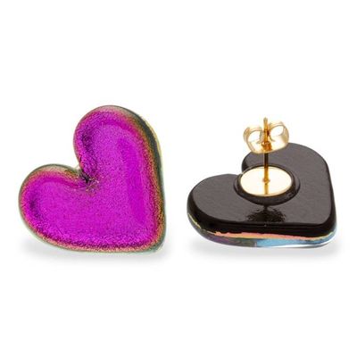 Alternate image for Heart-Shaped Dichroic Glass Gold-Accented Button Earrings Heart of Fuchsia