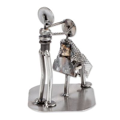 Alternate image for Metal Barber Sculpture Recycled Auto Parts Handmade Mexico Haircut