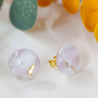 Alternate image for Fused Glass Mosaic Button Earrings with Gold-Plated Posts Lilac Textures