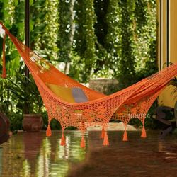 Image for Orange Tasseled  Cotton Hammock Single From Mexico Veranda in Orange