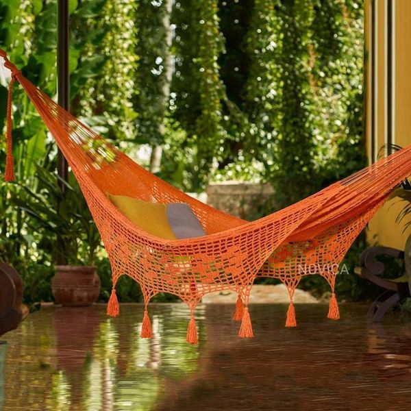 Alternate image for Orange Tasseled  Cotton Hammock Single From Mexico Veranda in Orange