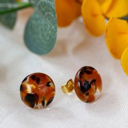 Image for Gold-Accented Fused Glass Mosaic Button Earrings in Brown Brown Textures