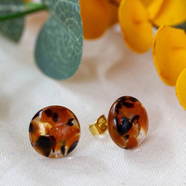 Alternate image for Gold-Accented Fused Glass Mosaic Button Earrings in Brown Brown Textures