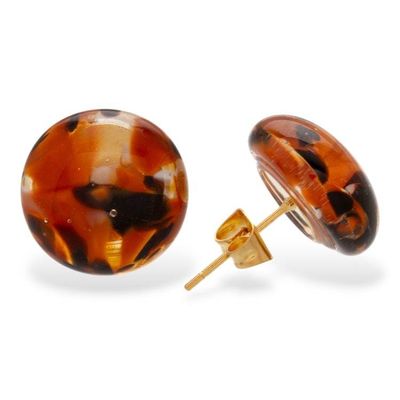 Alternate image for Gold-Accented Fused Glass Mosaic Button Earrings in Brown Brown Textures