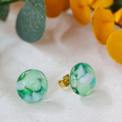 Primary image for 18k Gold-Accented Green Fused Glass Mosaic Button Earrings Emerald Textures