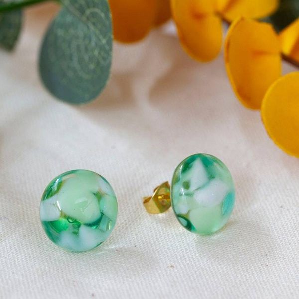Alternate image for 18k Gold-Accented Green Fused Glass Mosaic Button Earrings Emerald Textures