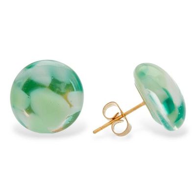 Alternate image for 18k Gold-Accented Green Fused Glass Mosaic Button Earrings Emerald Textures
