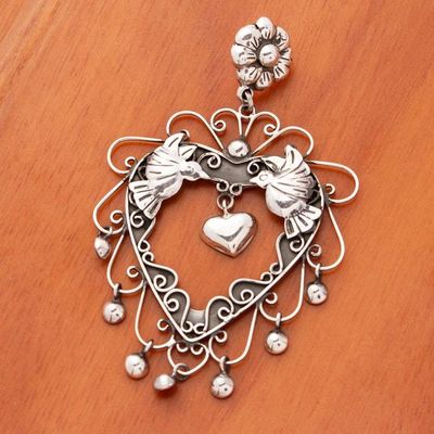 Primary image for Bird Heart and Floral Themed Taxco Sterling Silver Pendant Bird Love