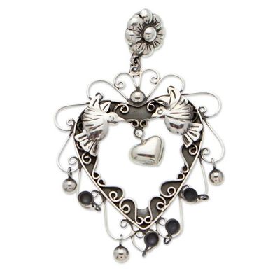 Alternate image for Bird Heart and Floral Themed Taxco Sterling Silver Pendant Bird Love