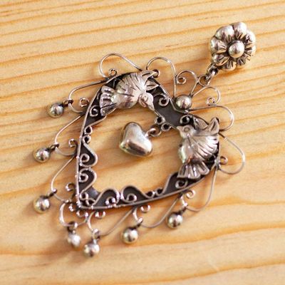 Alternate image for Bird Heart and Floral Themed Taxco Sterling Silver Pendant Bird Love