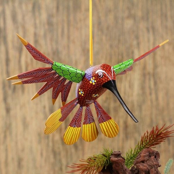 Alternate image for Handcrafted Wood Hanging Hummingbird Alebrije Sculpture Garden Hummingbird