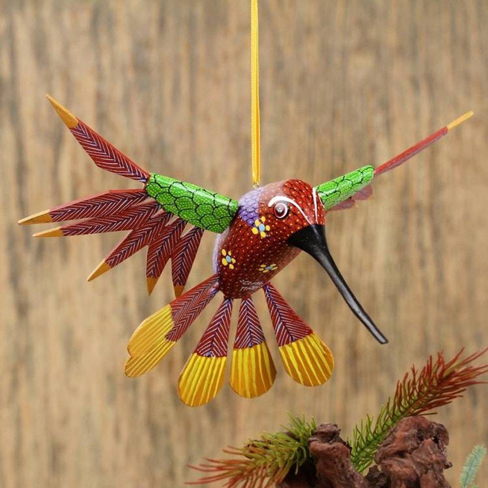 Handcrafted Wood Hanging Hummingbird Alebrije Sculpture 'Garden Hummingbird'