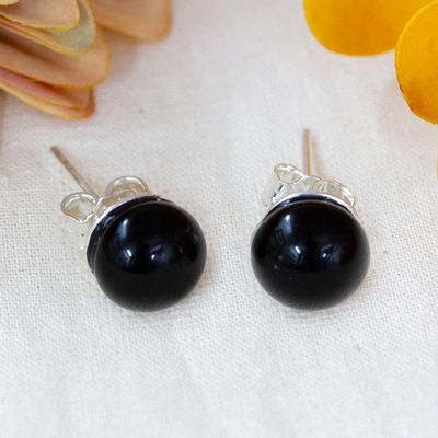 Primary image for Black Round Handcrafted Fused Glass Silver Stud Earrings Essential Black