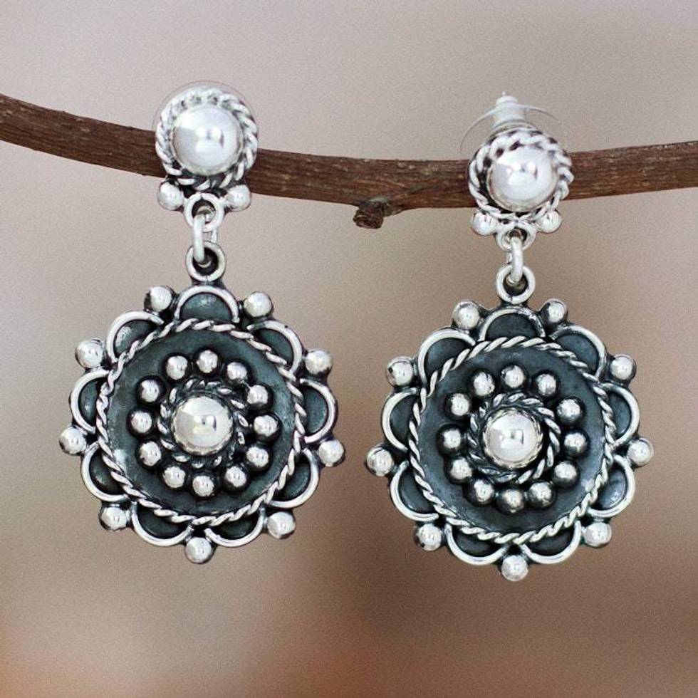 Oxidized Floral Taxco Sterling Silver Dangle Earrings 'Baroque Spring'