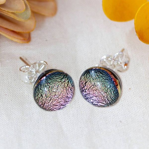 Alternate image for Dichroic Glass Silver Round Stud Earrings Handmade in Mexico Essential Sparkle