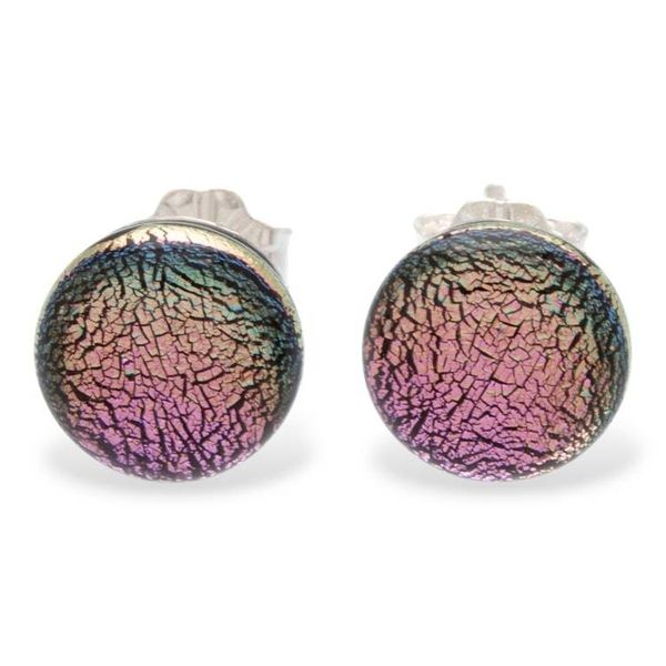 Alternate image for Dichroic Glass Silver Round Stud Earrings Handmade in Mexico Essential Sparkle