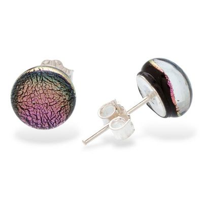 Alternate image for Dichroic Glass Silver Round Stud Earrings Handmade in Mexico Essential Sparkle