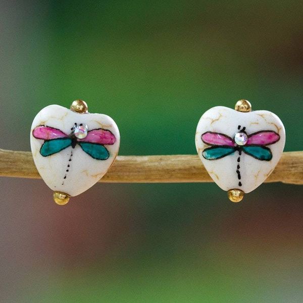 Alternate image for Gold-Accented Dragonfly Howlite Stud Earrings in Sweet Hues Tender Inspiration
