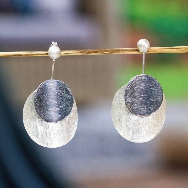 Alternate image for Brushed Sterling Silver Drop Earrings with Moon Details Moon Lullaby