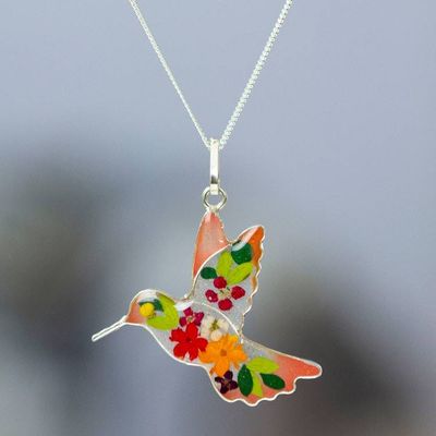 Primary image for Resin-Coated Natural Flower Hummingbird Pendant Necklace Orange Hummingbird