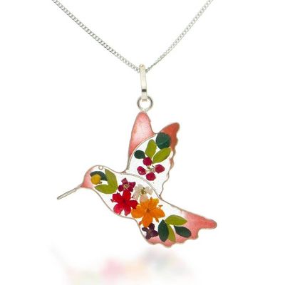 Alternate image for Resin-Coated Natural Flower Hummingbird Pendant Necklace Orange Hummingbird